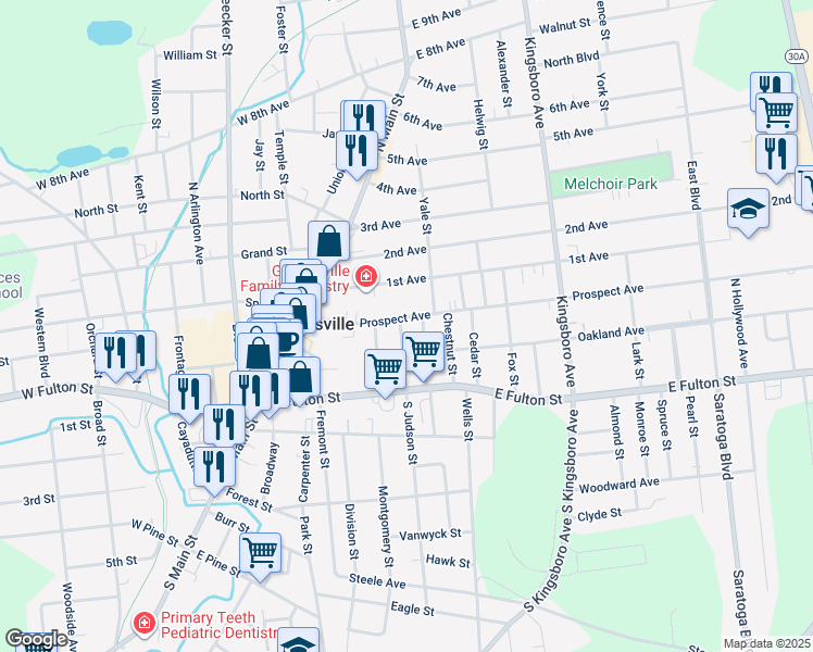 map of restaurants, bars, coffee shops, grocery stores, and more near 54 North Judson Street in Gloversville