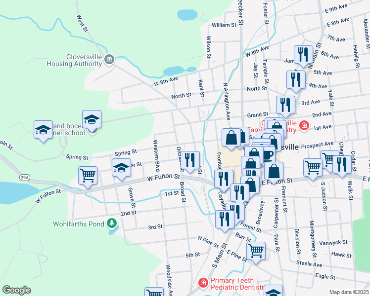 map of restaurants, bars, coffee shops, grocery stores, and more near 117 Spring Street in Gloversville