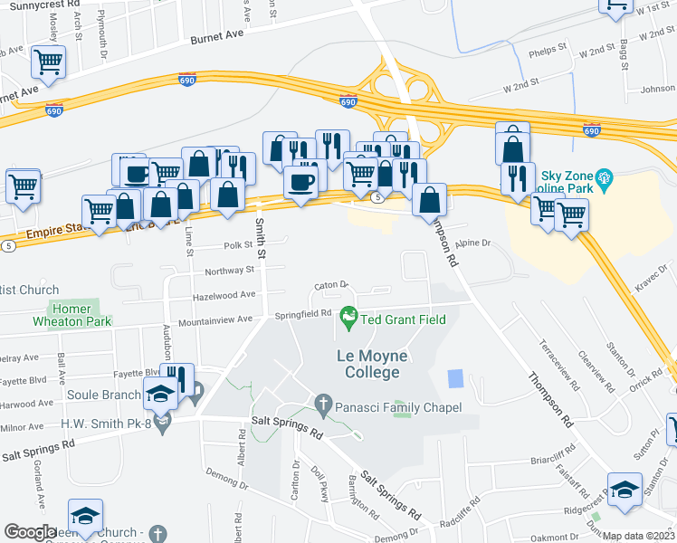 map of restaurants, bars, coffee shops, grocery stores, and more near 38 Caton Drive in Syracuse