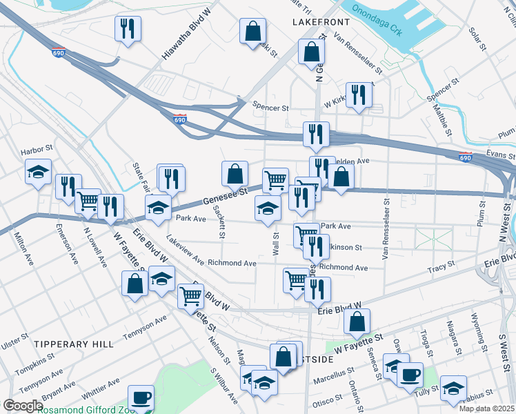 map of restaurants, bars, coffee shops, grocery stores, and more near 1119 West Genesee Street in Syracuse