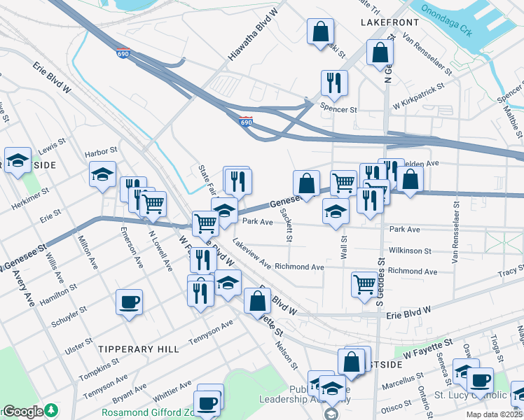 map of restaurants, bars, coffee shops, grocery stores, and more near 1257 West Genesee Street in Syracuse