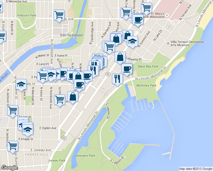 map of restaurants, bars, coffee shops, grocery stores, and more near 1800 North Prospect Avenue in Milwaukee