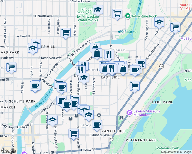map of restaurants, bars, coffee shops, grocery stores, and more near 932 East Brady Street in Milwaukee
