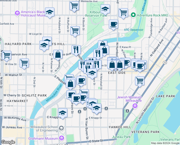 map of restaurants, bars, coffee shops, grocery stores, and more near in Milwaukee