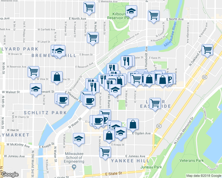 map of restaurants, bars, coffee shops, grocery stores, and more near in Milwaukee