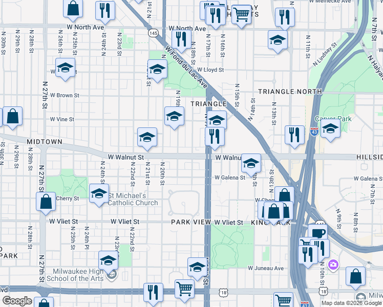 map of restaurants, bars, coffee shops, grocery stores, and more near in Milwaukee