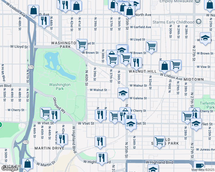 map of restaurants, bars, coffee shops, grocery stores, and more near 1728 North 37th Street in Milwaukee