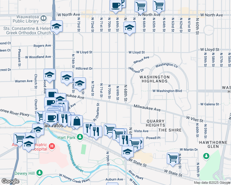 map of restaurants, bars, coffee shops, grocery stores, and more near 1711 North 69th Street in Wauwatosa