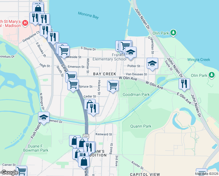 map of restaurants, bars, coffee shops, grocery stores, and more near 514 Spruce Street in Madison