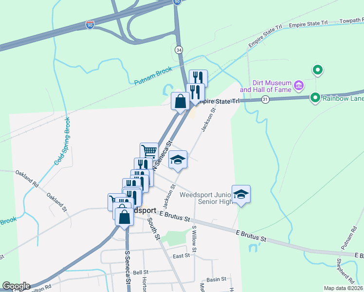 map of restaurants, bars, coffee shops, grocery stores, and more near 2753 Centennial Street in Weedsport