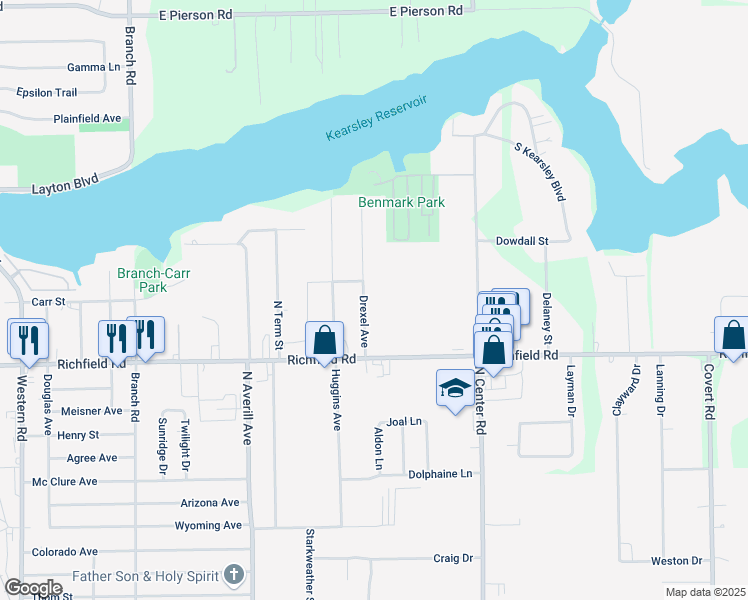 map of restaurants, bars, coffee shops, grocery stores, and more near 3196 Drexel Avenue in Flint