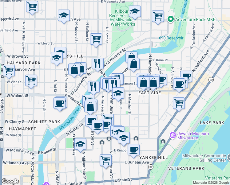 map of restaurants, bars, coffee shops, grocery stores, and more near 709 East Brady Street in Milwaukee