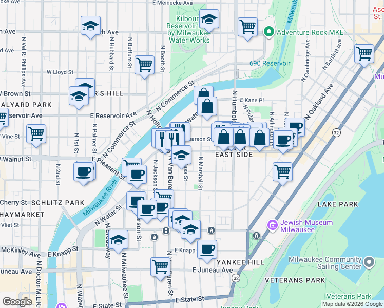 map of restaurants, bars, coffee shops, grocery stores, and more near 817 East Brady Street in Milwaukee