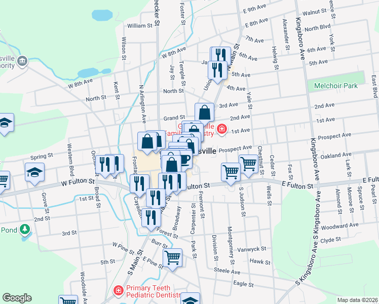 map of restaurants, bars, coffee shops, grocery stores, and more near 91 North Main Street in Gloversville