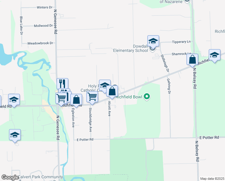 map of restaurants, bars, coffee shops, grocery stores, and more near 5191 Richfield Road in Flint