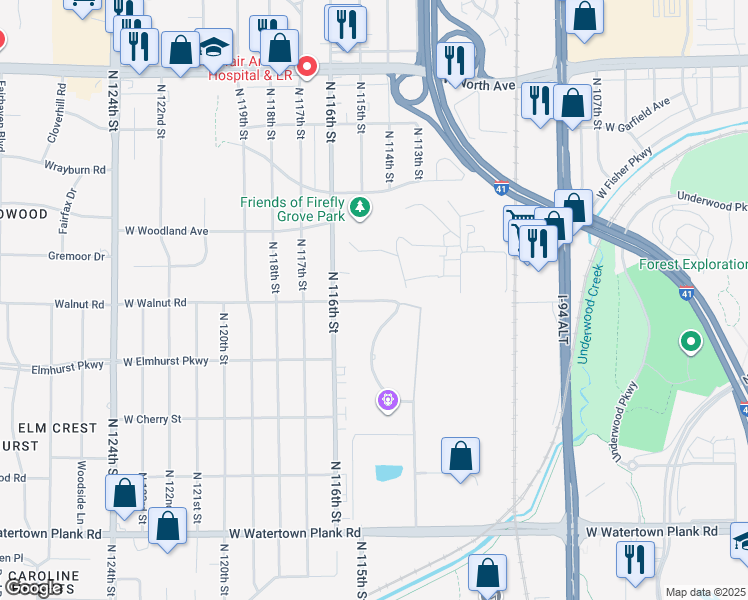 map of restaurants, bars, coffee shops, grocery stores, and more near 1700 North 116th Street in Wauwatosa