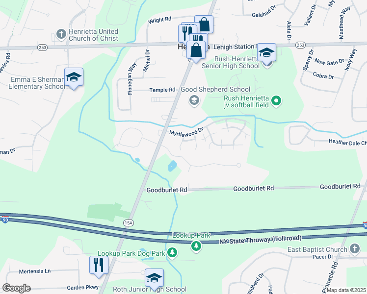 map of restaurants, bars, coffee shops, grocery stores, and more near 200 Myrtlewood Drive in Henrietta