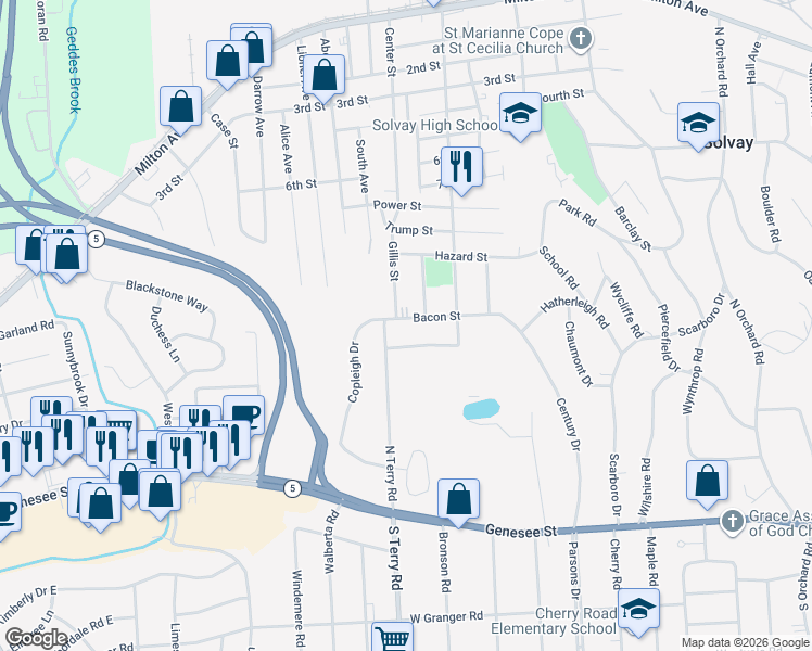 map of restaurants, bars, coffee shops, grocery stores, and more near 311 Bacon Street in Syracuse