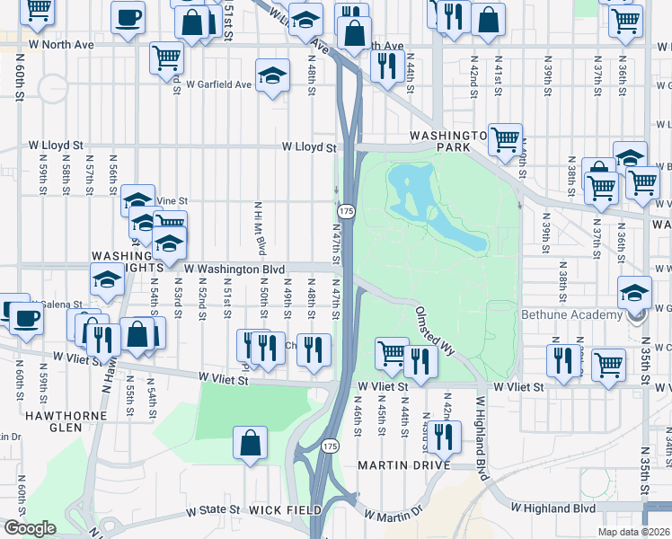 map of restaurants, bars, coffee shops, grocery stores, and more near West Washington Boulevard & North 47th Street in Milwaukee