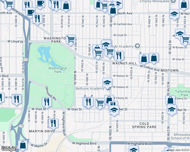 map of restaurants, bars, coffee shops, grocery stores, and more near 1715 North 37th Street in Milwaukee