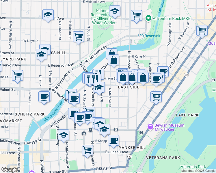 map of restaurants, bars, coffee shops, grocery stores, and more near 818 East Brady Street in Milwaukee
