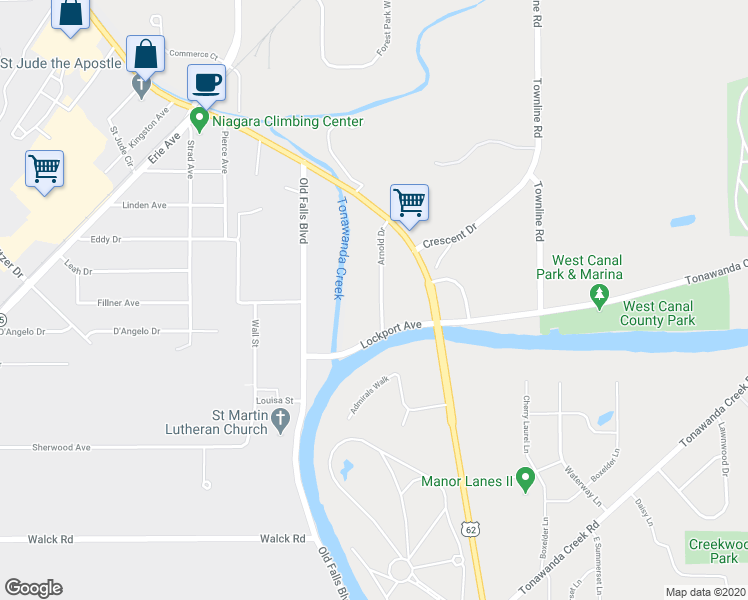 map of restaurants, bars, coffee shops, grocery stores, and more near 7676 Arnold Drive in North Tonawanda