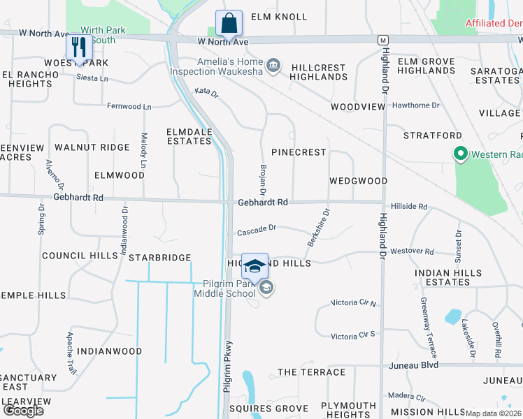 map of restaurants, bars, coffee shops, grocery stores, and more near 15295 Gebhardt Road in Elm Grove