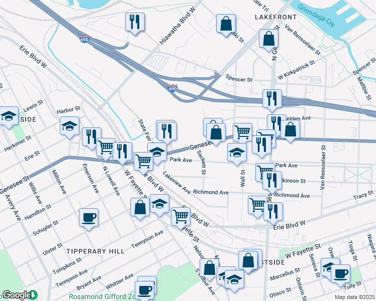 map of restaurants, bars, coffee shops, grocery stores, and more near 1257 West Genesee Street in Syracuse