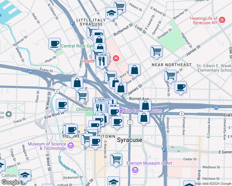 map of restaurants, bars, coffee shops, grocery stores, and more near 215 North State Street in Syracuse