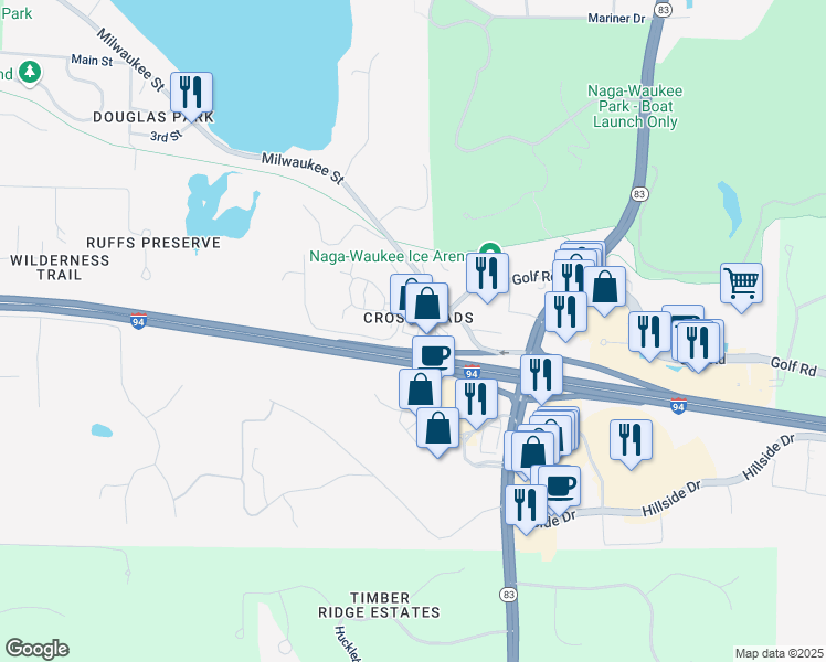 map of restaurants, bars, coffee shops, grocery stores, and more near 2410 Milwaukee Street in Delafield