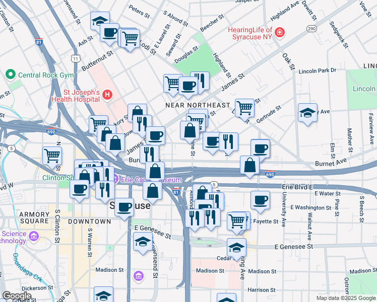 map of restaurants, bars, coffee shops, grocery stores, and more near 214 Hawley Avenue in Syracuse