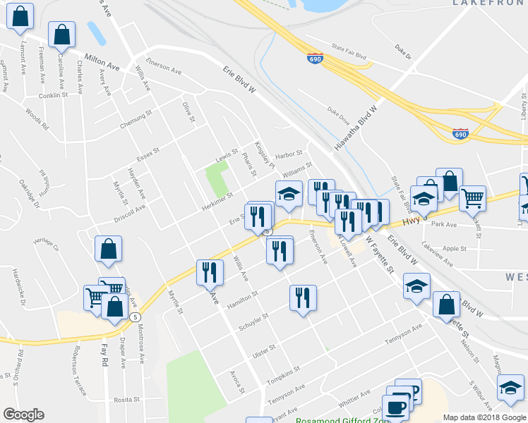 map of restaurants, bars, coffee shops, grocery stores, and more near 125 Erie Street in Syracuse
