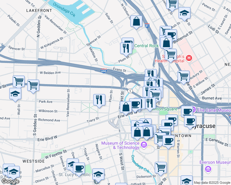 map of restaurants, bars, coffee shops, grocery stores, and more near 523 West Genesee Street in Syracuse