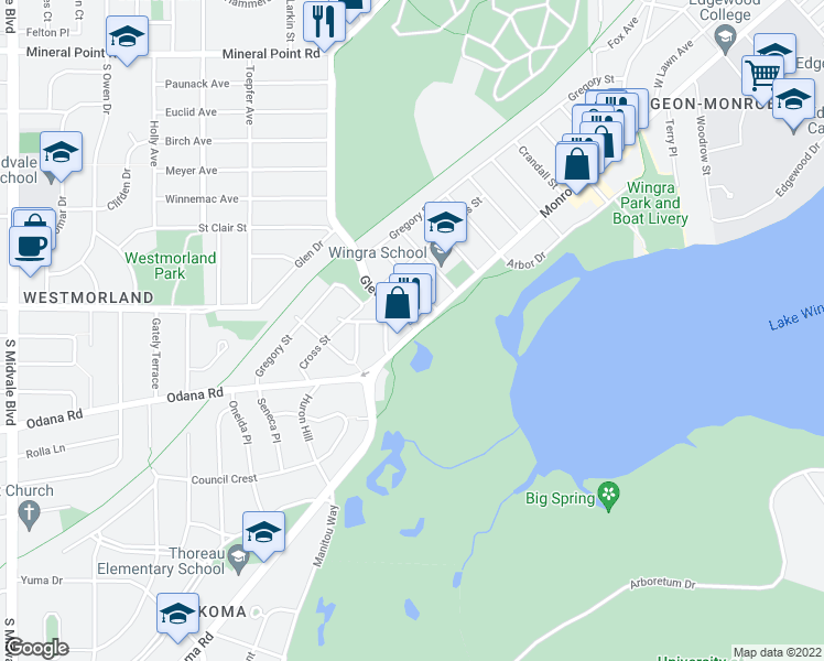 map of restaurants, bars, coffee shops, grocery stores, and more near 3502 Monroe Street in Madison