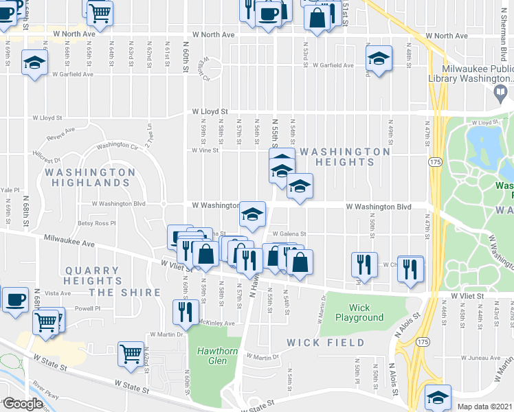 map of restaurants, bars, coffee shops, grocery stores, and more near W Washington Blvd & N 56th St in Milwaukee
