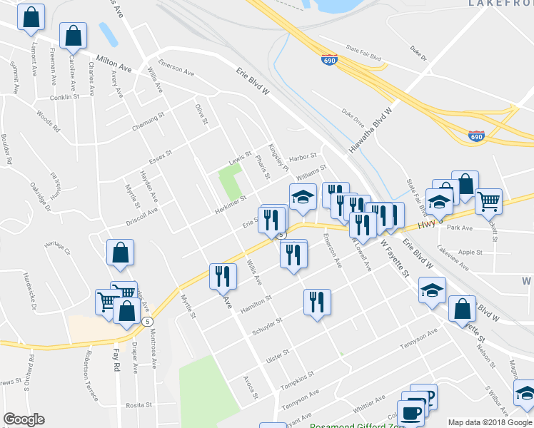 map of restaurants, bars, coffee shops, grocery stores, and more near 698 Milton Avenue in Syracuse