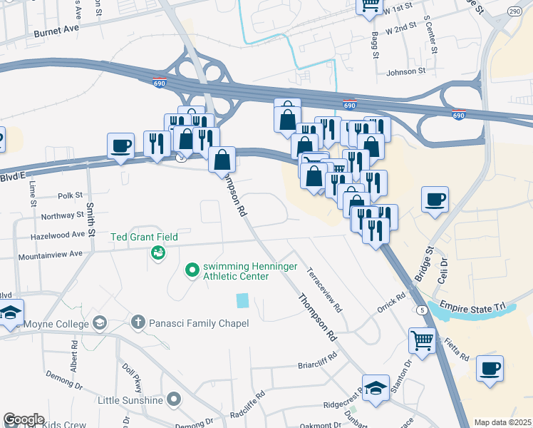 map of restaurants, bars, coffee shops, grocery stores, and more near 105 Alpine Drive in DeWitt