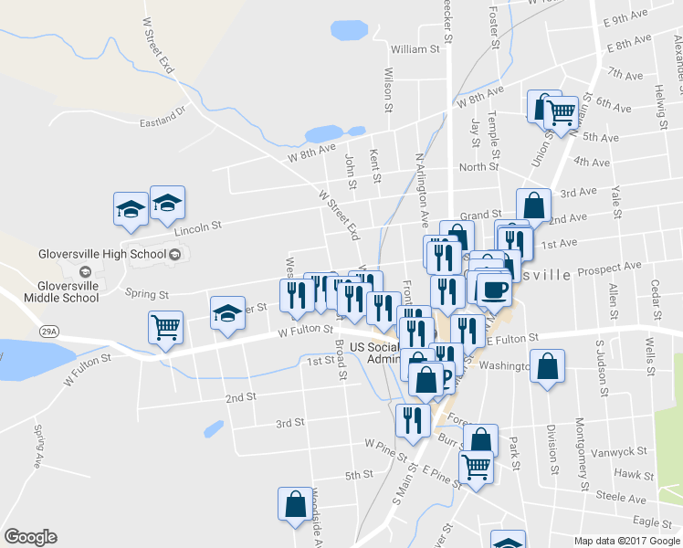 map of restaurants, bars, coffee shops, grocery stores, and more near 117 Spring Street in Gloversville