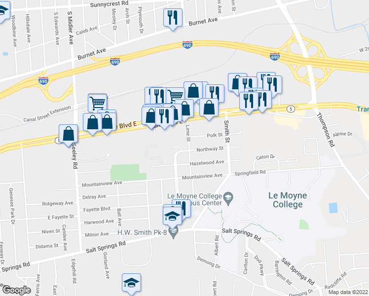 map of restaurants, bars, coffee shops, grocery stores, and more near 100 Lime Street in Syracuse