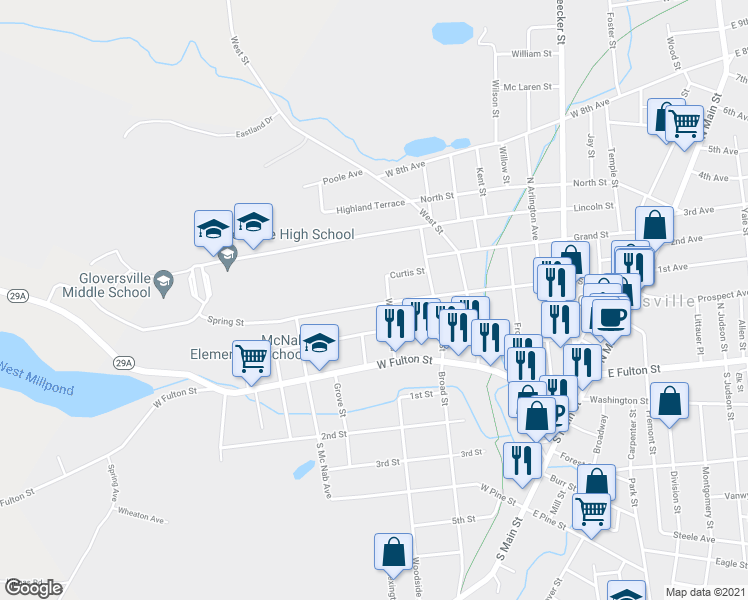 map of restaurants, bars, coffee shops, grocery stores, and more near 164 Spring Street in Gloversville
