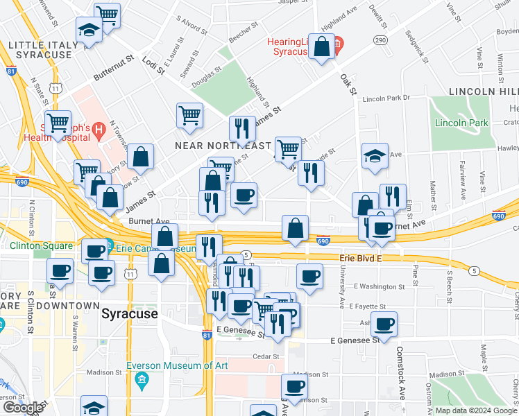 map of restaurants, bars, coffee shops, grocery stores, and more near 326 Hawley Avenue in Syracuse
