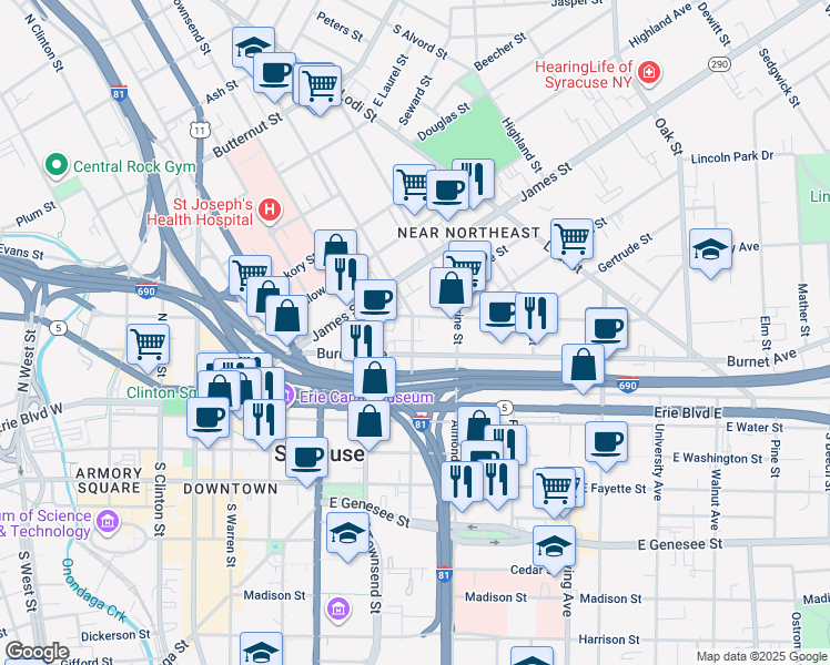 map of restaurants, bars, coffee shops, grocery stores, and more near 214 Hawley Avenue in Syracuse