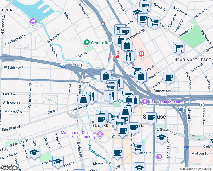 map of restaurants, bars, coffee shops, grocery stores, and more near 218 North Franklin Street in Syracuse