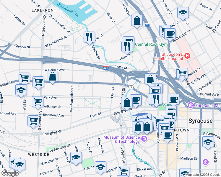 map of restaurants, bars, coffee shops, grocery stores, and more near 617 West Genesee Street in Syracuse