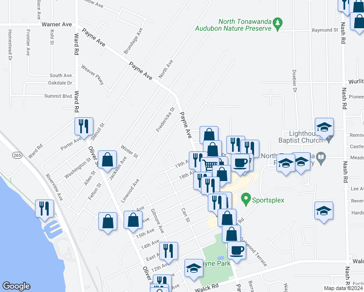 map of restaurants, bars, coffee shops, grocery stores, and more near 17 Gibbons Court in North Tonawanda