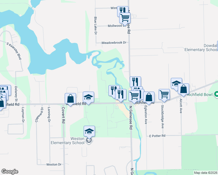 map of restaurants, bars, coffee shops, grocery stores, and more near 3238 Comer Street in Flint