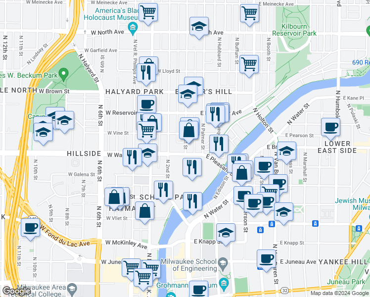map of restaurants, bars, coffee shops, grocery stores, and more near 1736 North 2nd Street in Milwaukee
