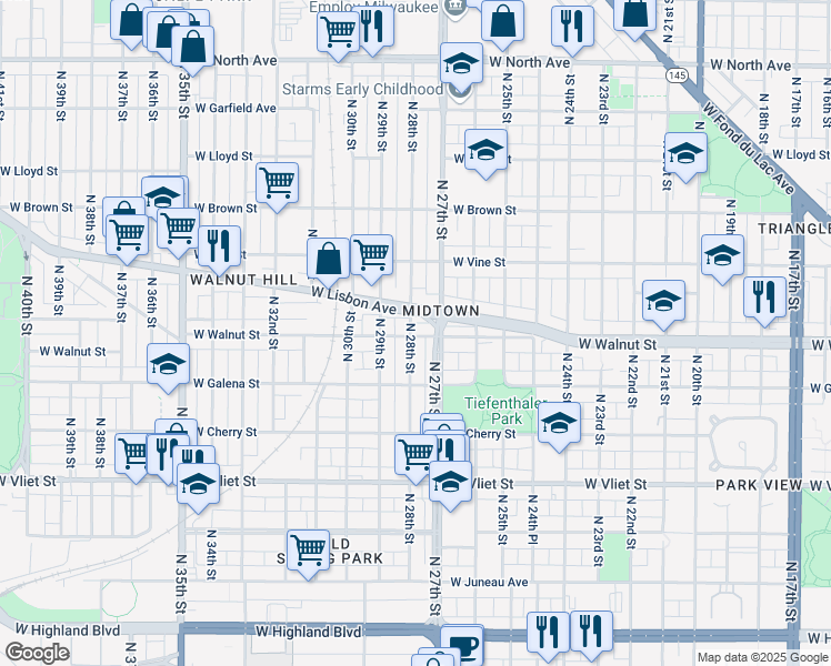 map of restaurants, bars, coffee shops, grocery stores, and more near 2714 West Walnut Street in Milwaukee