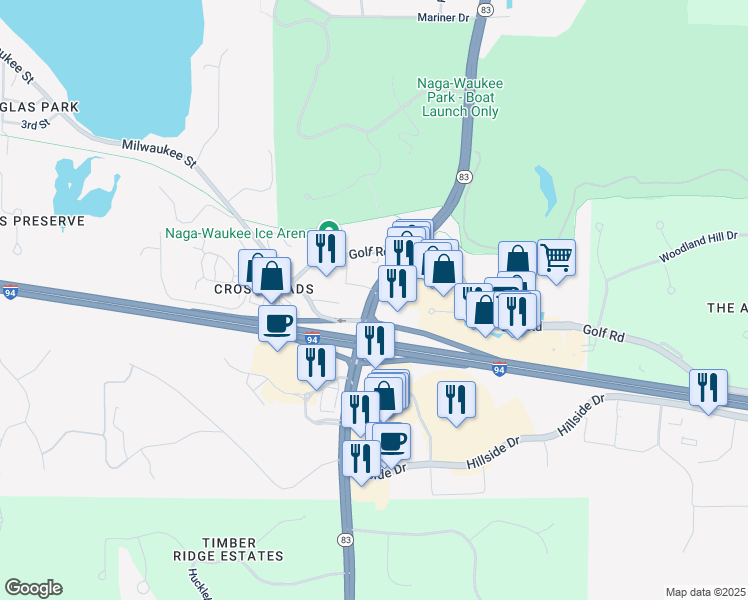 map of restaurants, bars, coffee shops, grocery stores, and more near 2900 Golf Road in Delafield