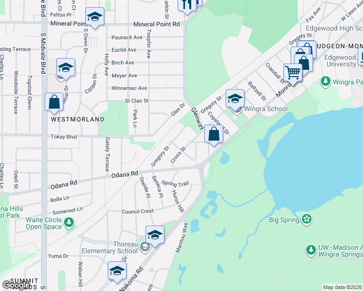 map of restaurants, bars, coffee shops, grocery stores, and more near 3532 Cross Street in Madison
